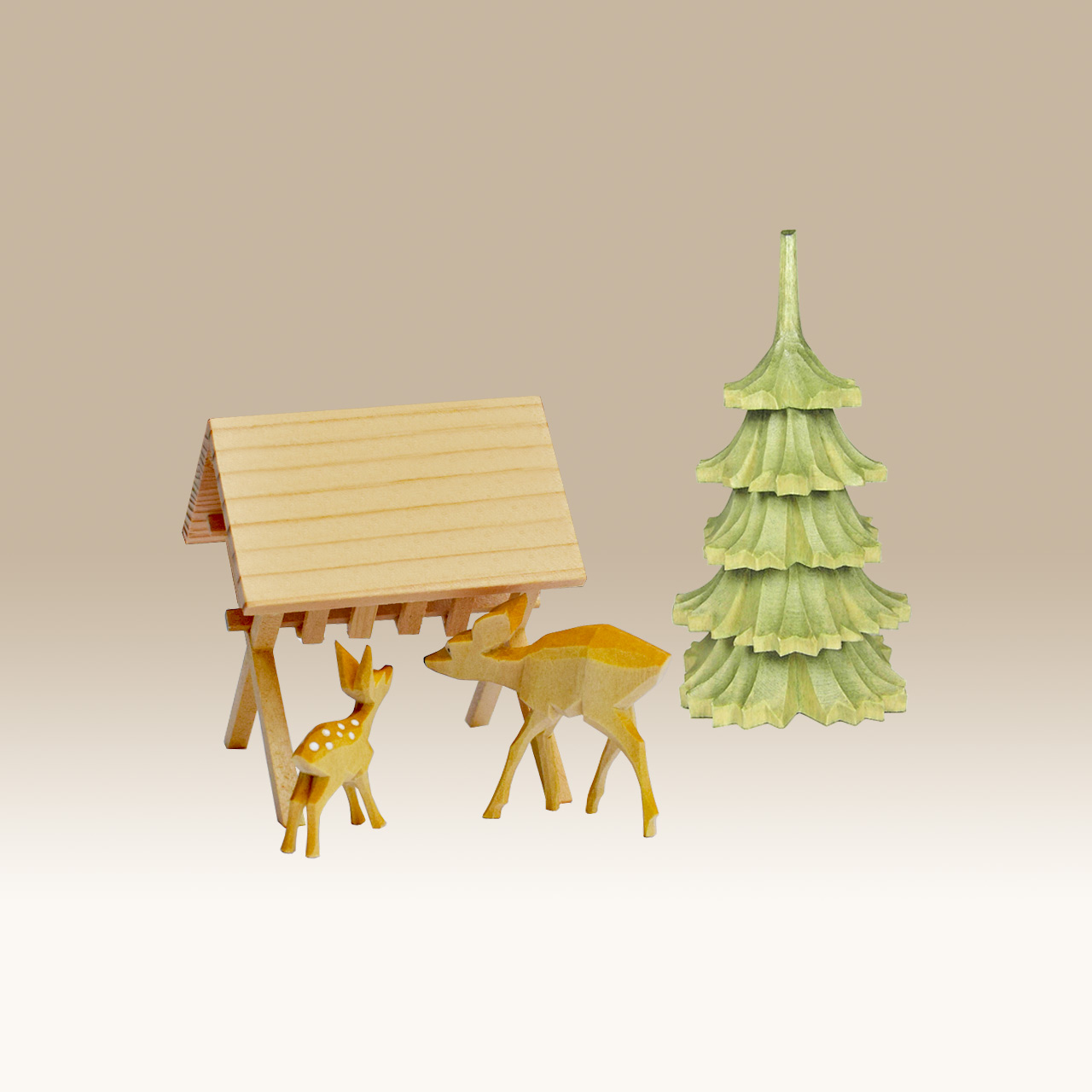 Geschnitzte Ricke mit Kitz, Raufe u.Fichte