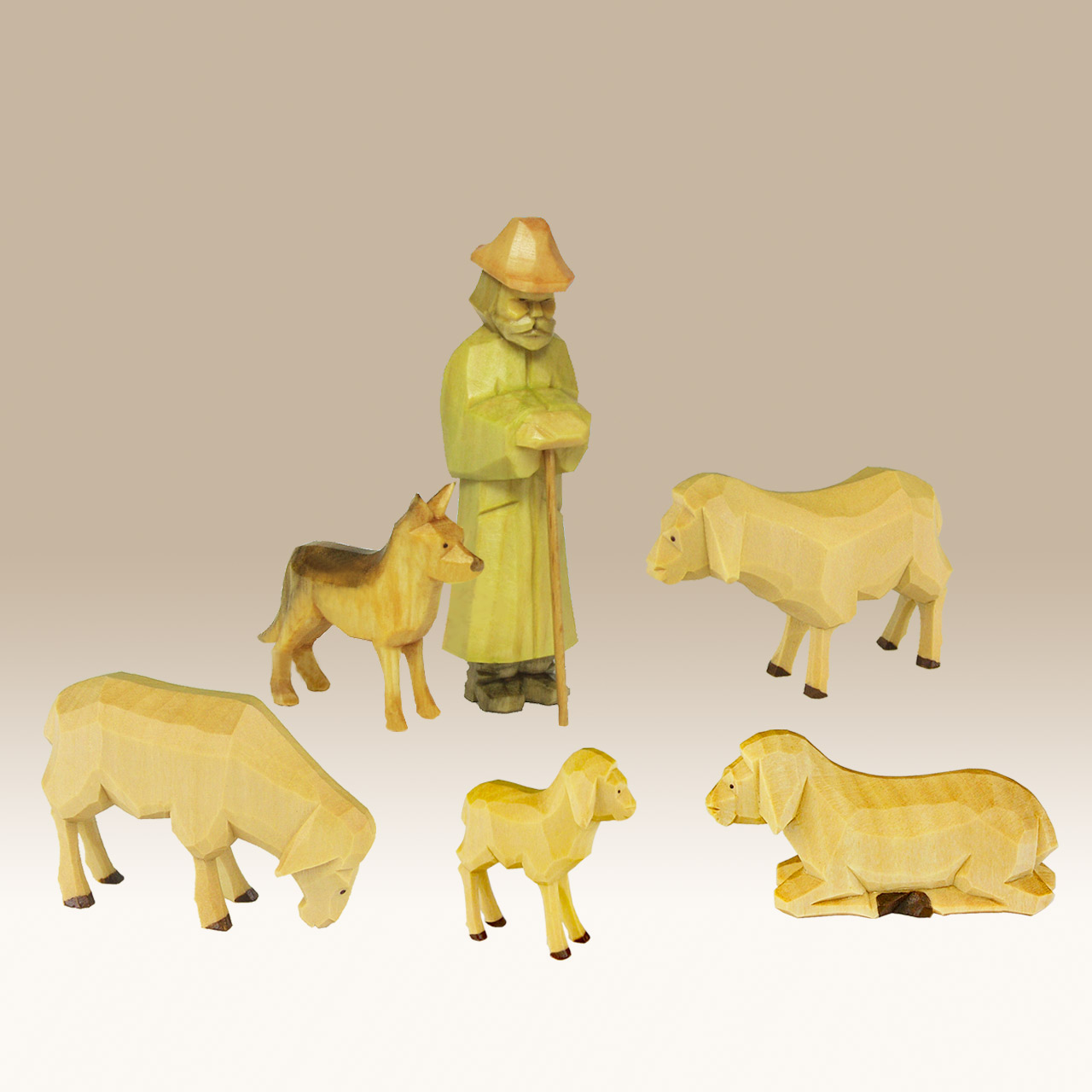 Geschnitzter Schäfer mit Schafen u. Hund