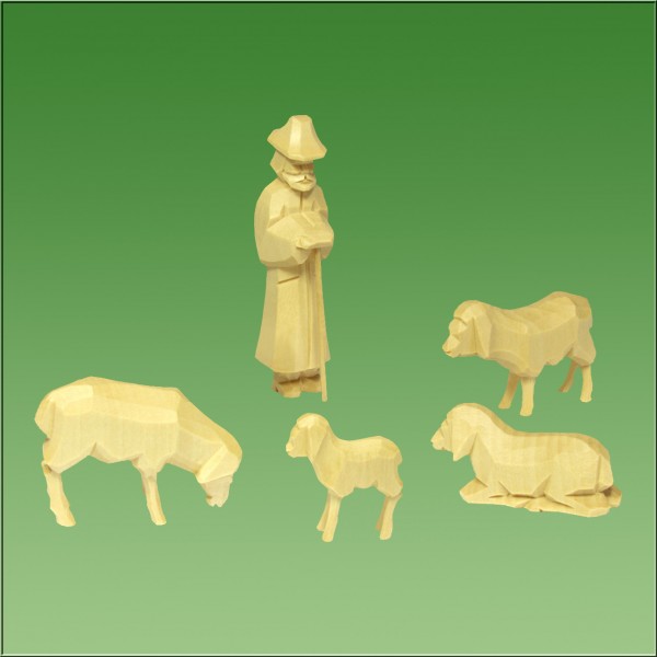 geschnitzter Schäfer mit Schafen, 7-9cm, natur